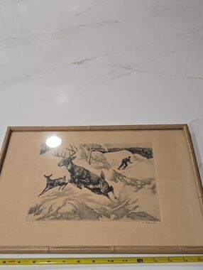 Vintage Framed Wildlife Etching - Deer Scene